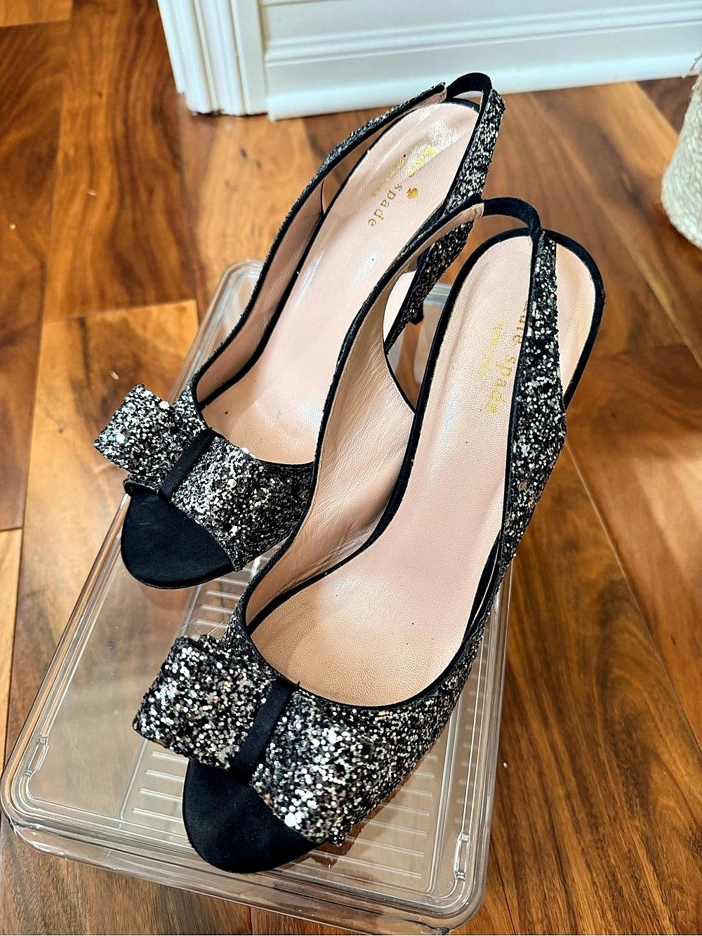 Kate Spade Glitter Bow Slingback Heels in Black & Silver